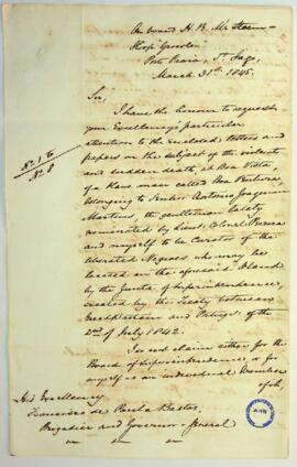 Cópia traduzida do inglês de uma carta do Comissário Britânico e membro da Junta de Superintendên...