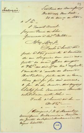 Cópia de uma carta do Comissário Britânico e membro da Junta da Superintendência dos Negros Liber...