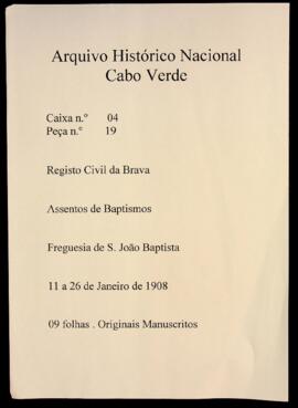 Livro de registo de batismos da freguesia de São João Baptista - ilha Brava (1908)