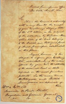 Carta da Repartição dos Comissários Britânicos na Ilha da Boa Vista ao Brigadeiro e Governador-Ge...